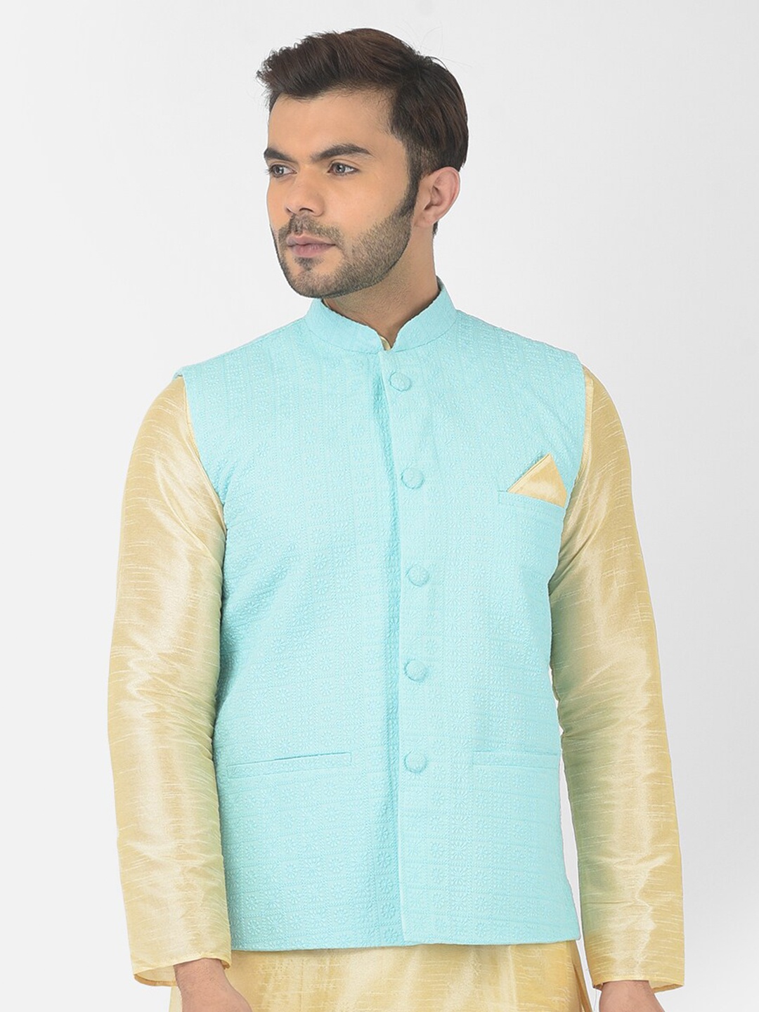

DEYANN Chikankari Embroidered Cotton Nehru Jacket, Blue