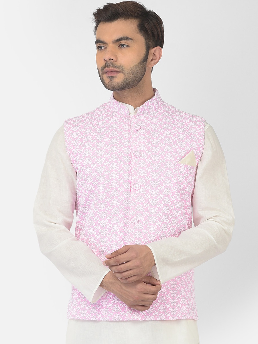 

DEYANN Embroidered Pure Cotton Nehru Jacket, Pink