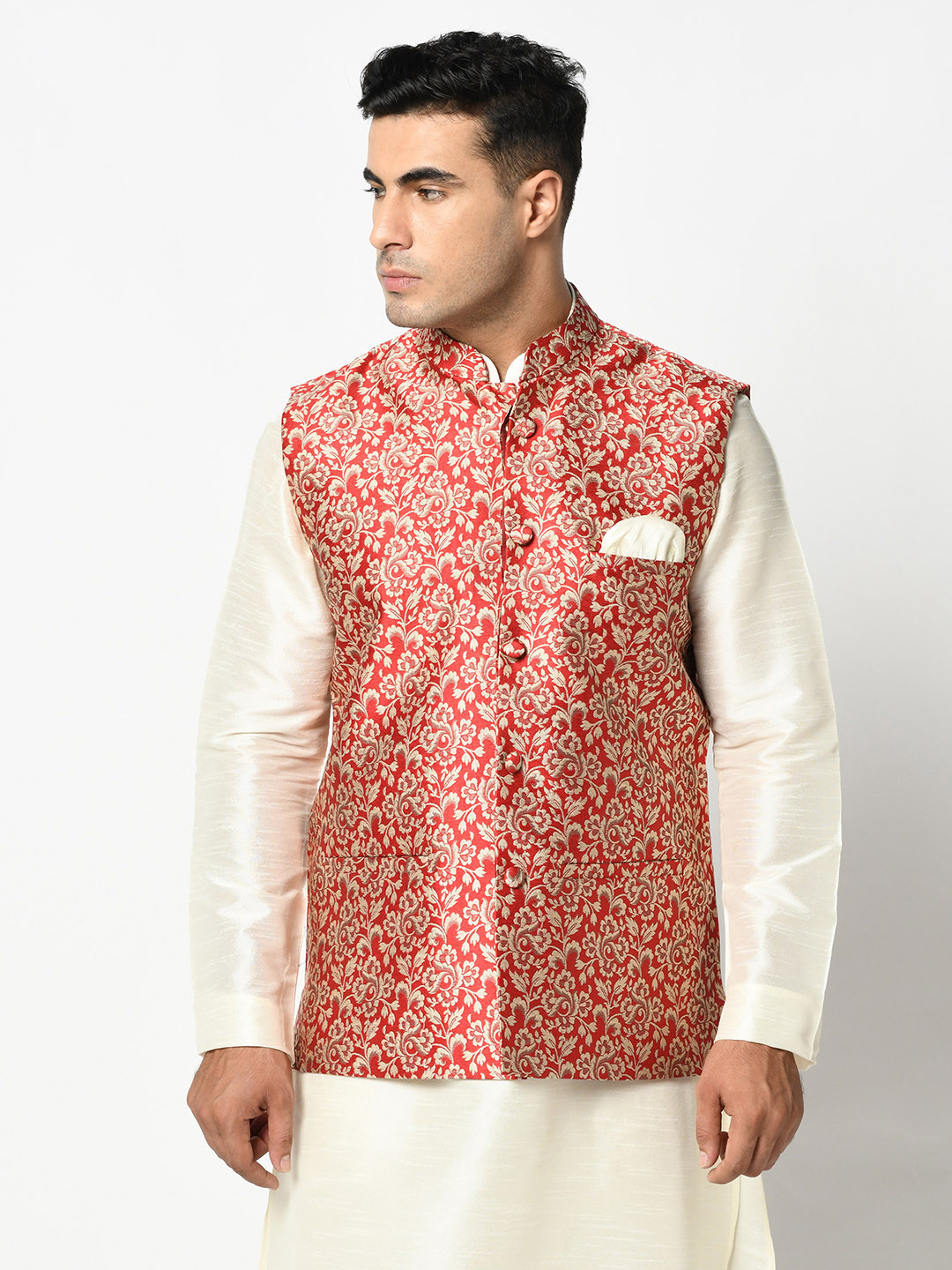 

DEYANN Woven Design Mandarin Collar Nehru Jackets, Red