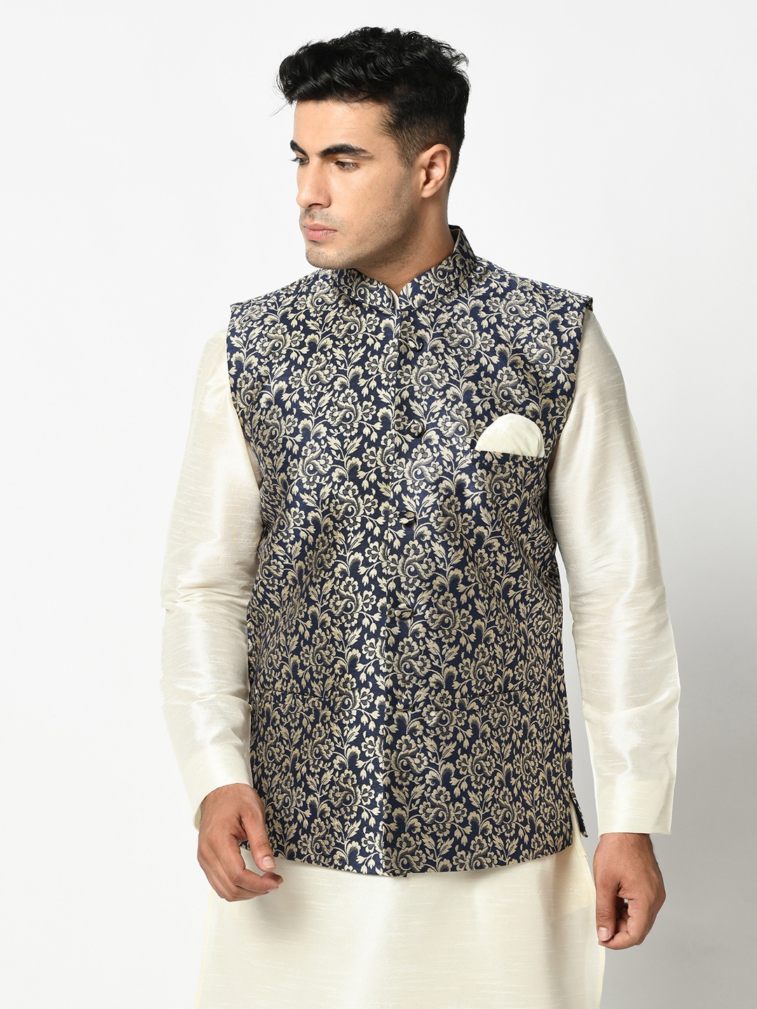 

DEYANN Woven Design Nehru Jacket, Navy blue