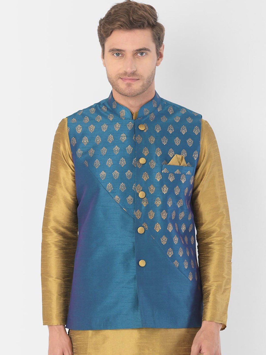 

DEYANN Woven Design Nehru Jacket, Blue