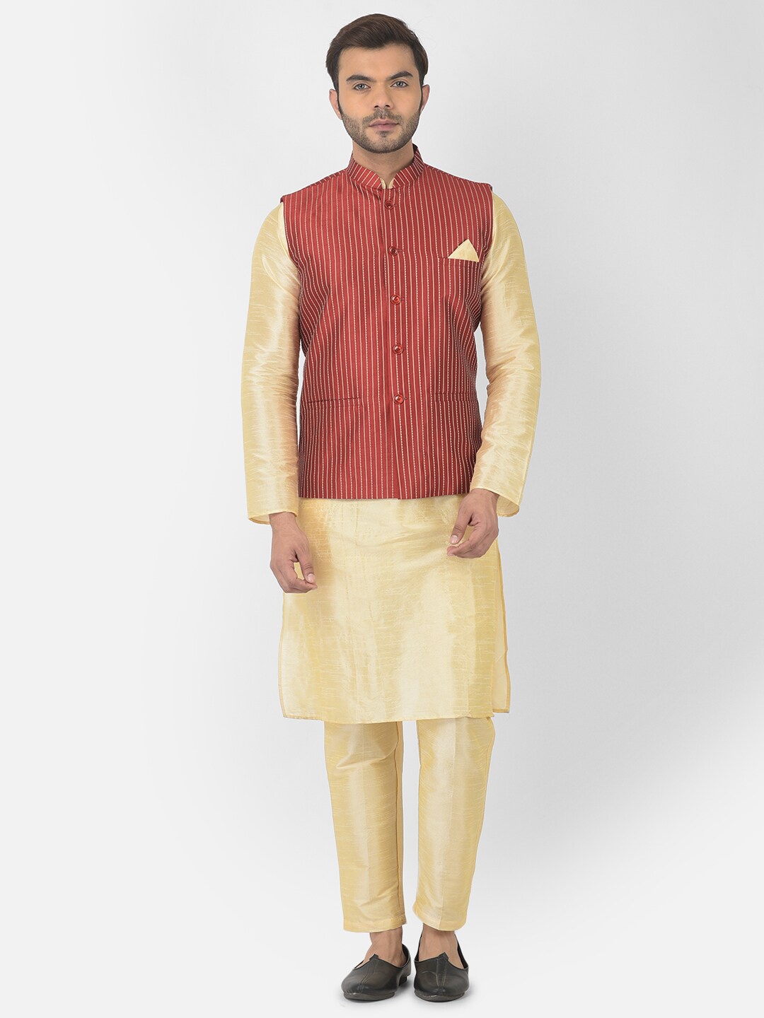 

DEYANN Striped Jacquard Silk Nehru Jacket, Red