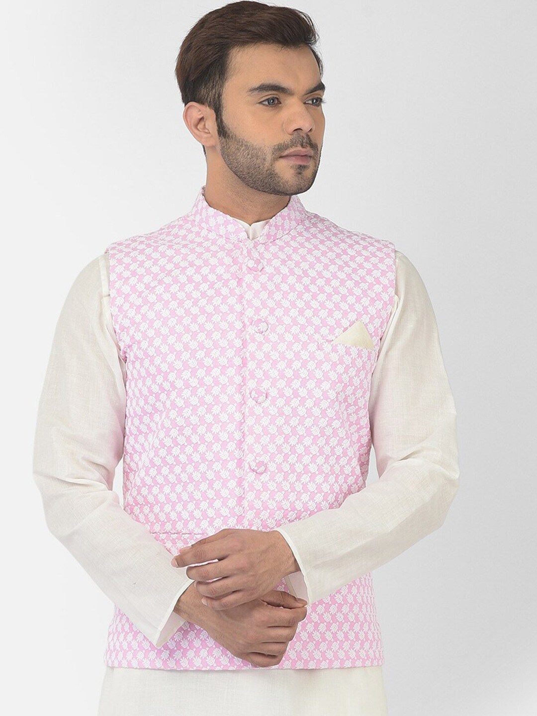 

DEYANN Embroidered Pure Cotton Nehru Jacket, Pink