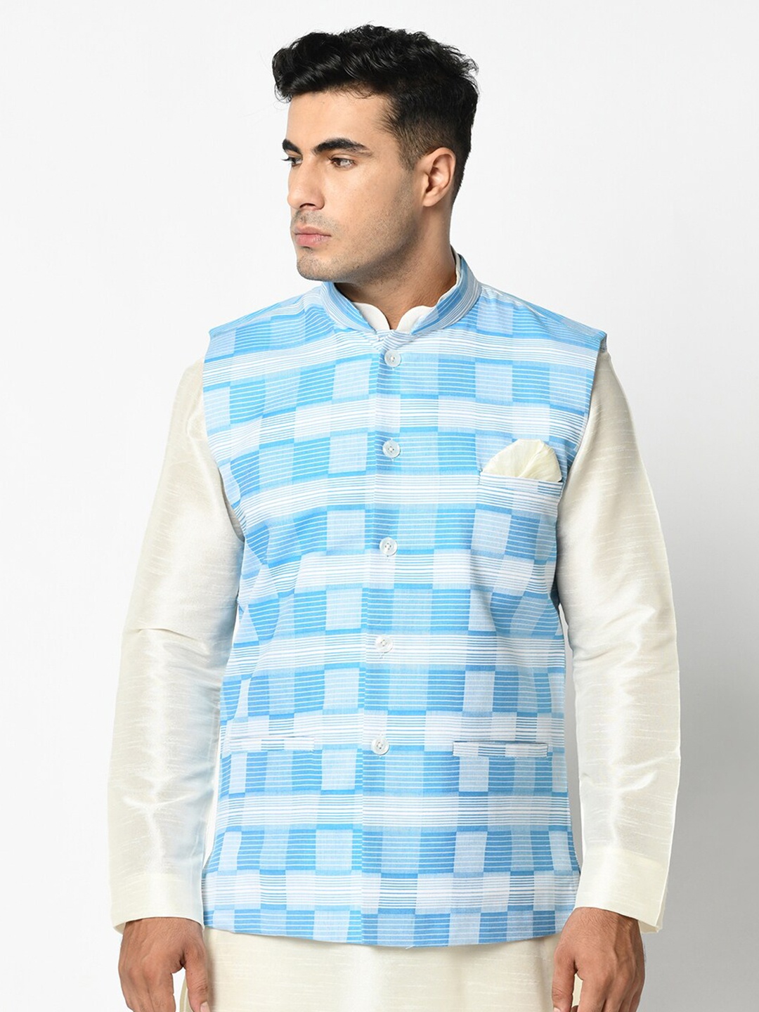 

DEYANN Checked Mandarin Collar Nehru Jacket, Blue