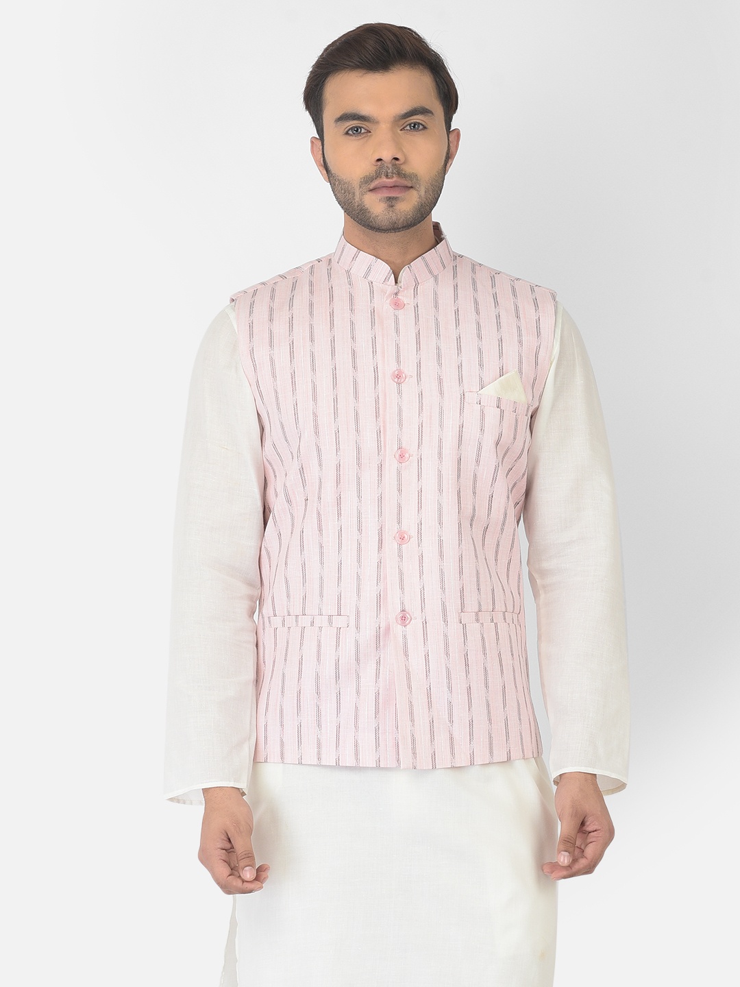 

DEYANN Striped Pure Cotton Nehru Jacket, Pink