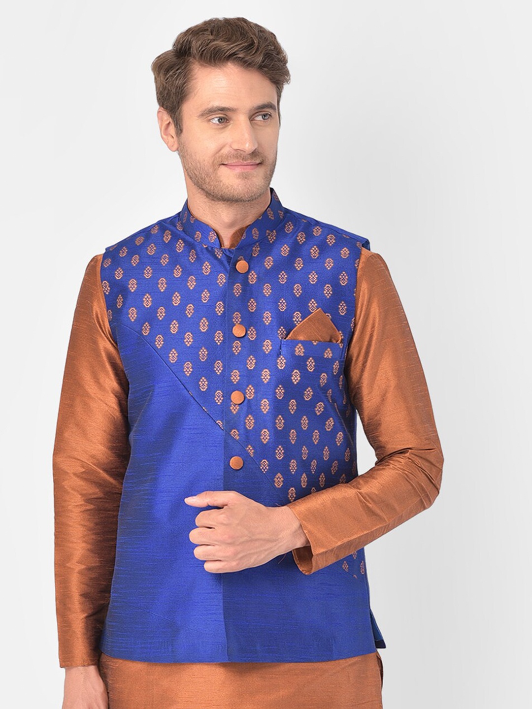 

DEYANN Printed Dupion Silk Nehru Jacket, Blue