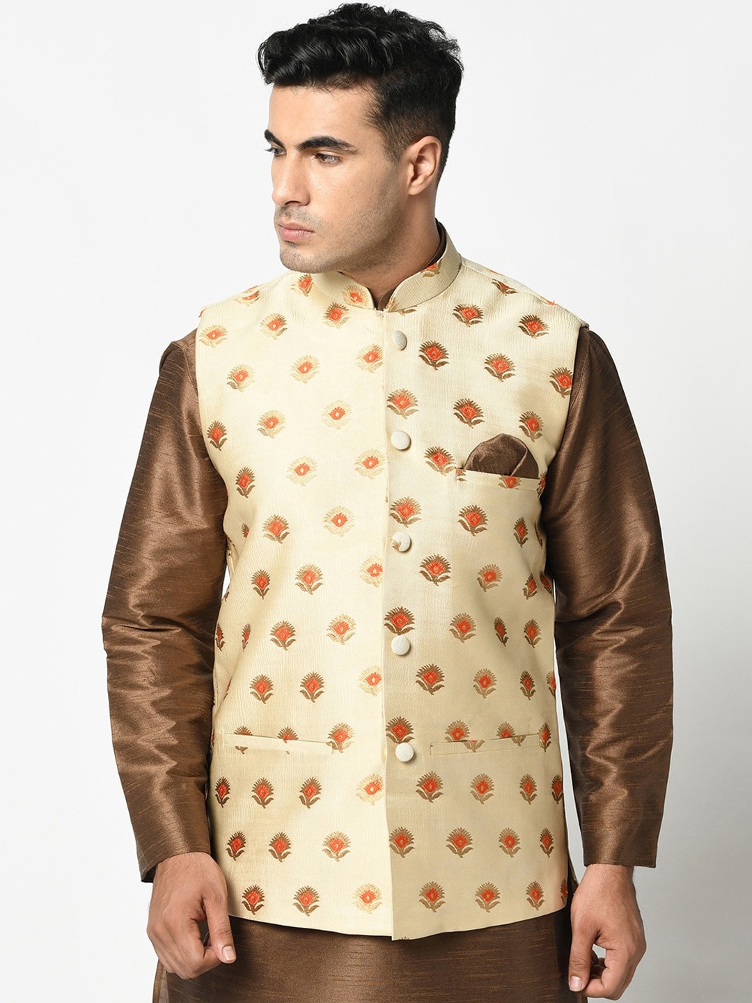 

DEYANN Woven Design Mandarin Collar Nehru Jacket, Cream
