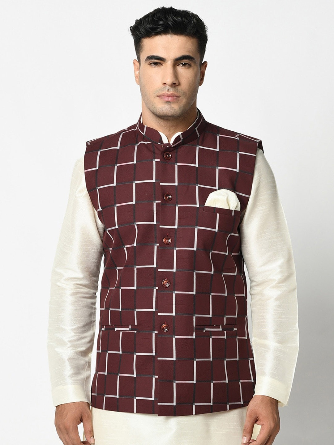 

DEYANN Woven Design Pure Cotton Nehru Jacket, Maroon