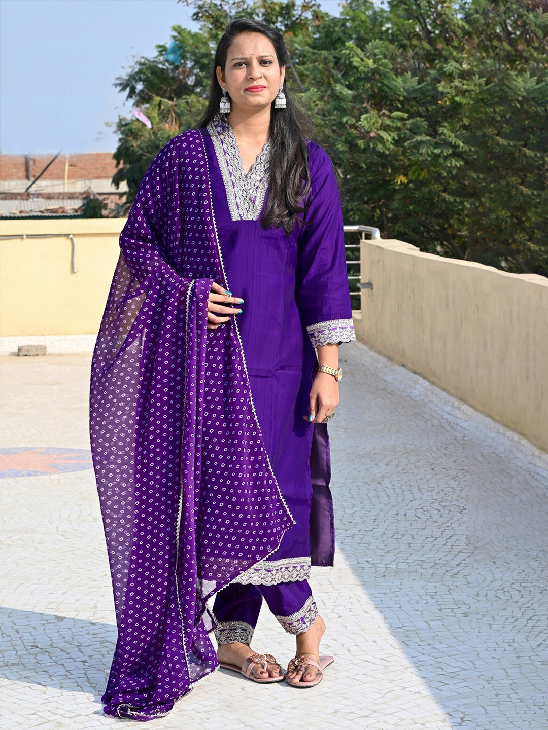 

KALINI Ethnic Motifs Embroidered V-Neck Sequined Pure Silk semi-stitched Dress Material, Purple
