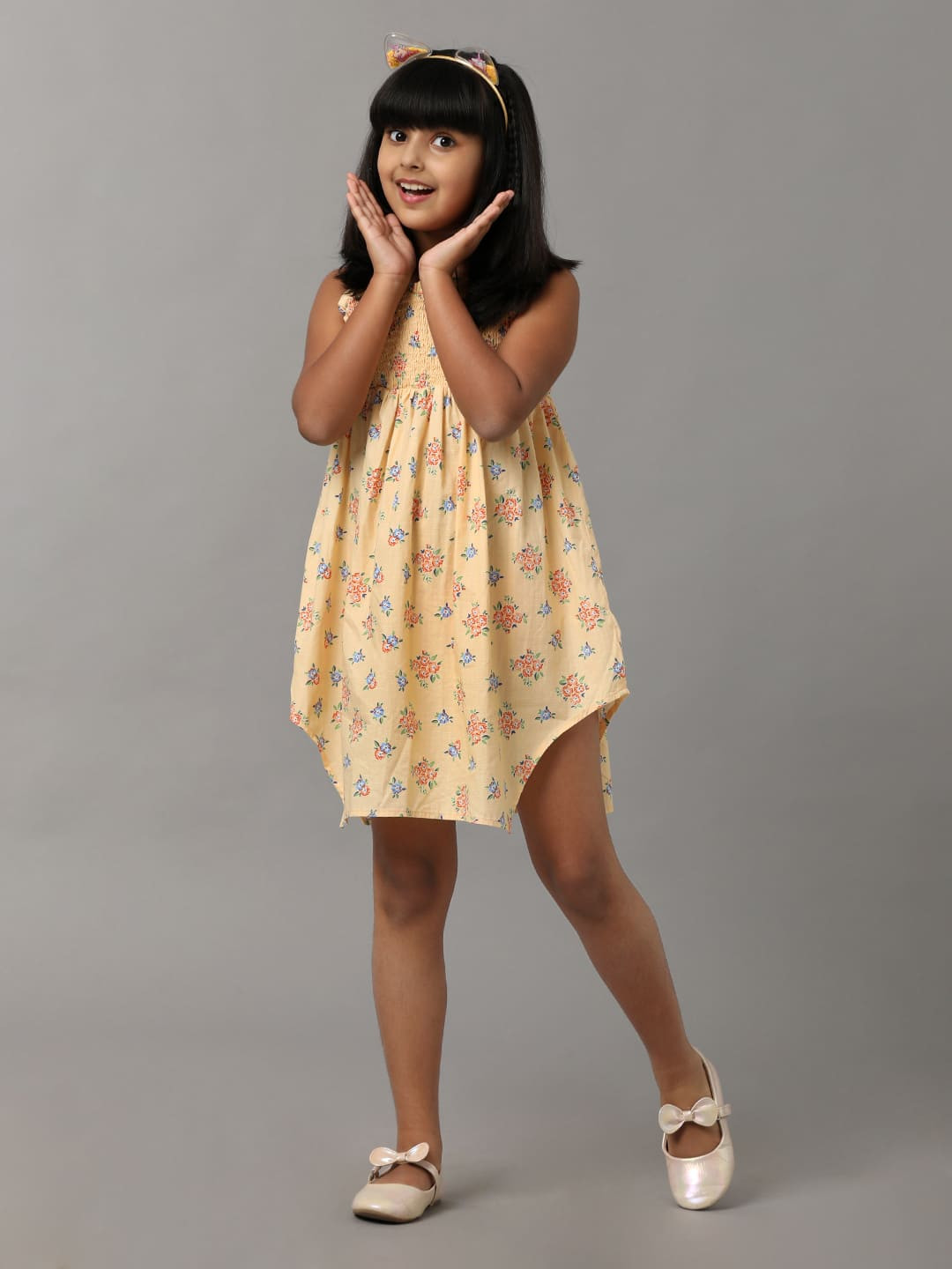 

UNDER FOURTEEN ONLY Girls Floral Printed Smocked A-Line Dress, Yellow