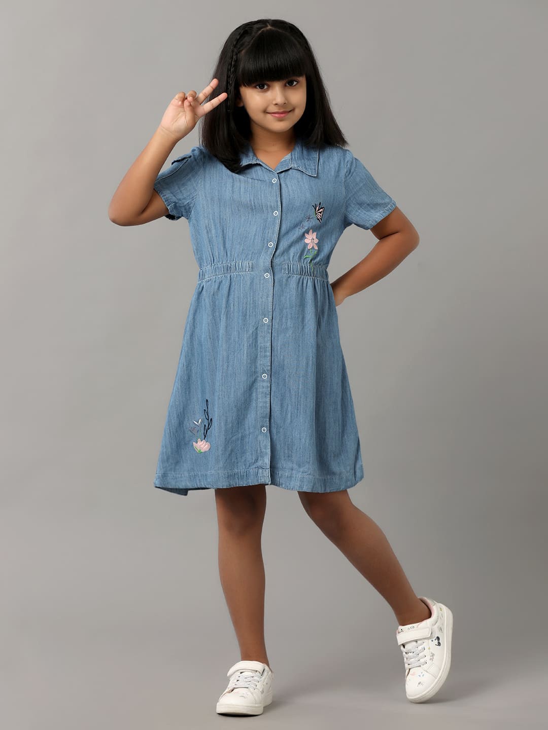 

UNDER FOURTEEN ONLY Girls Embroidered Cotton Shirt Dress, Blue