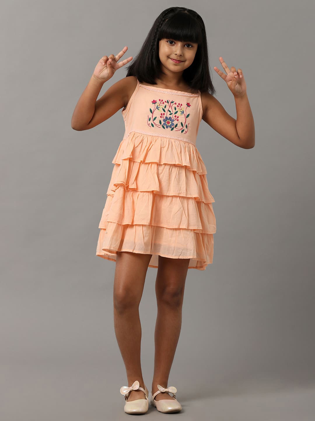 

UNDER FOURTEEN ONLY Girls Embroidered Cotton Frills Spigette Dress, Orange