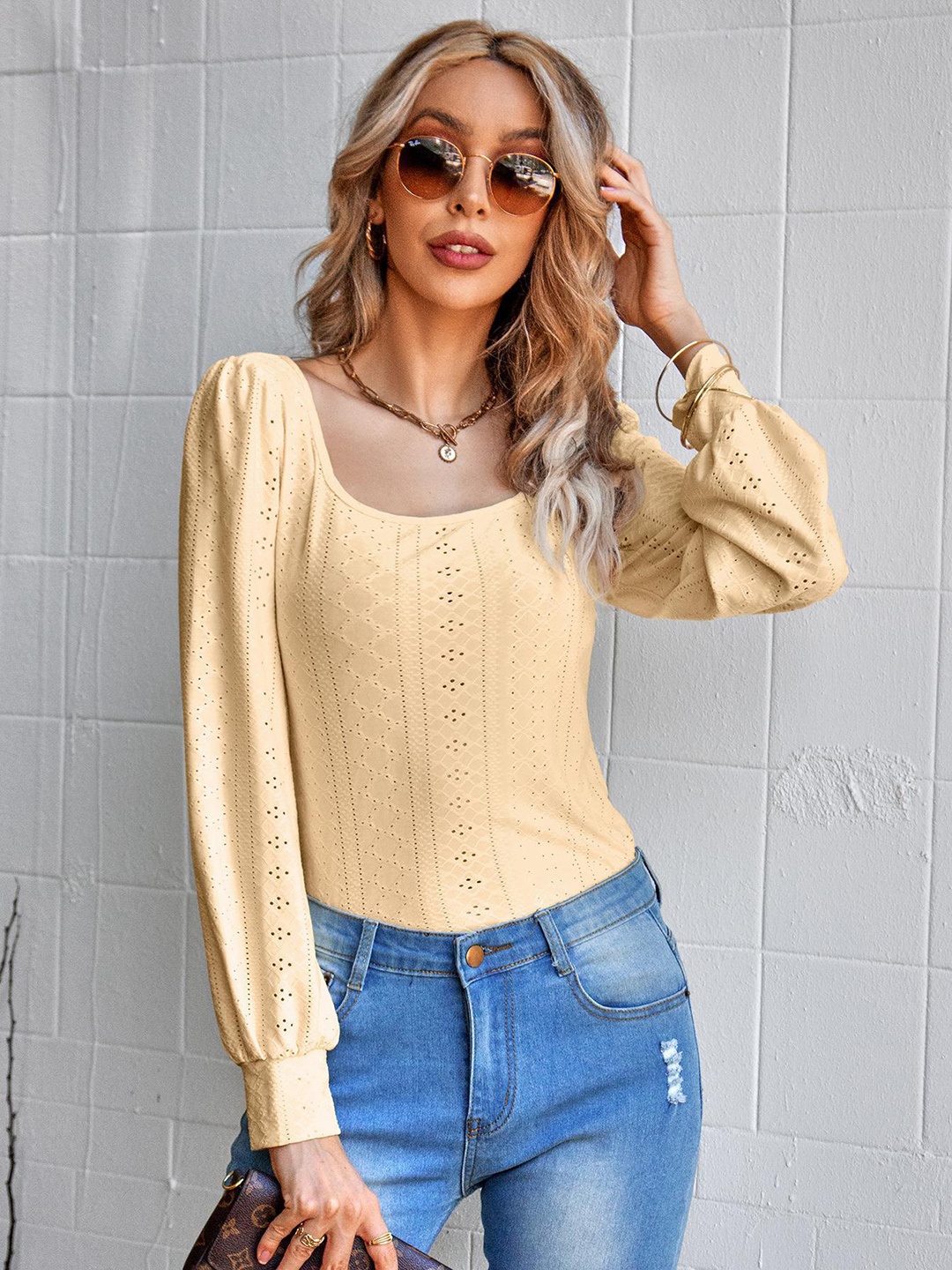 

StyleCast Yellow Scoop Neck Puff Sleeves Regular Top