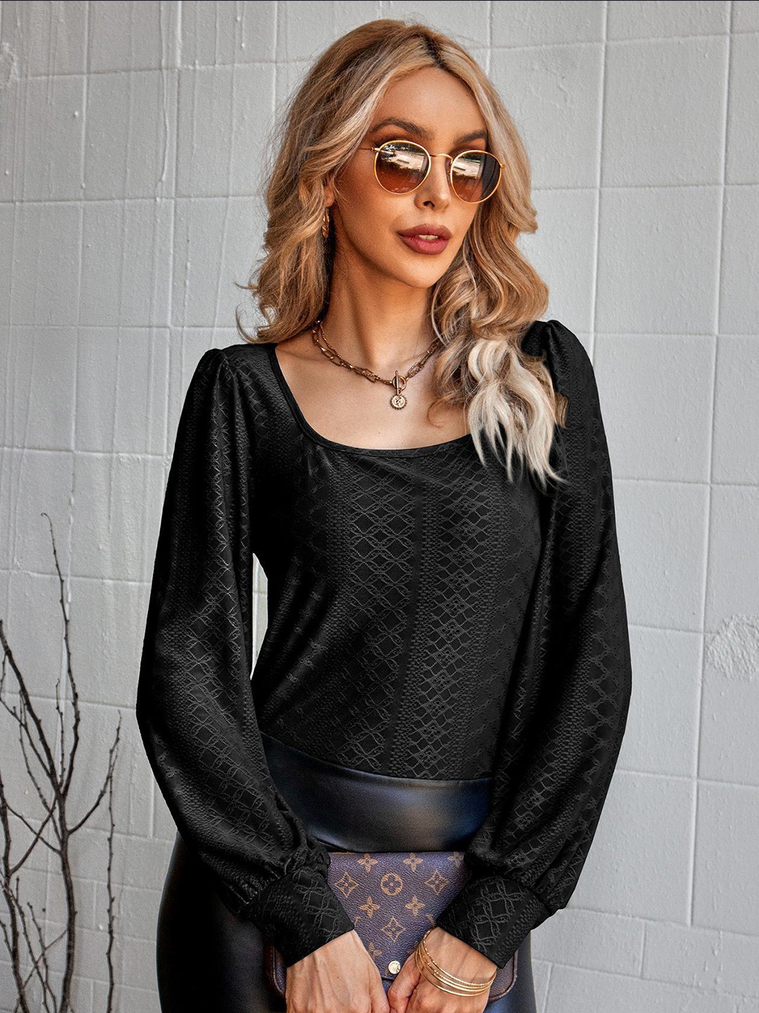 

StyleCast Black Textured Scoop Neck Long Puff Sleeves Regular Top