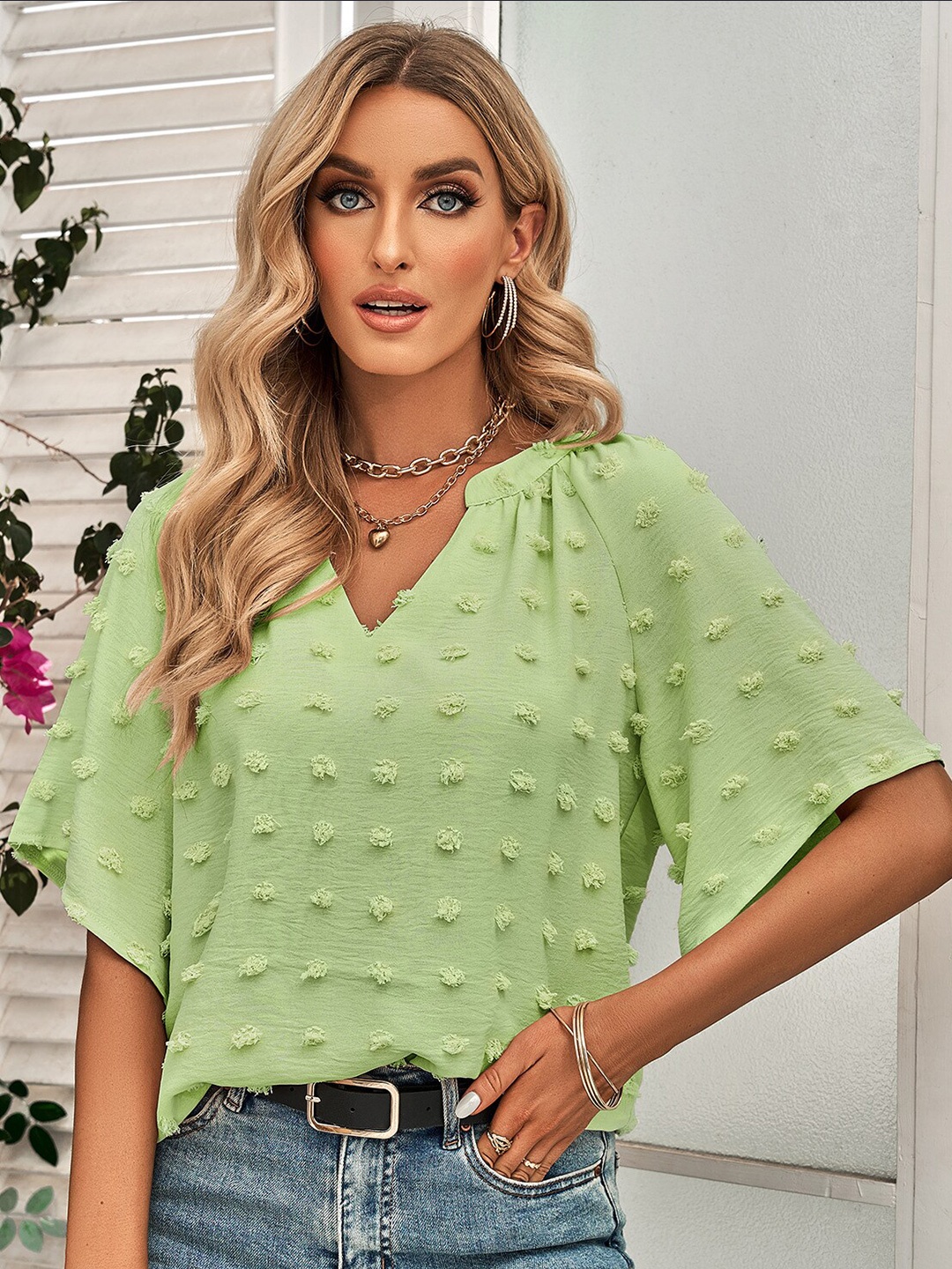 

StyleCast Green Embellished Choker Neck Extended Sleeves Top