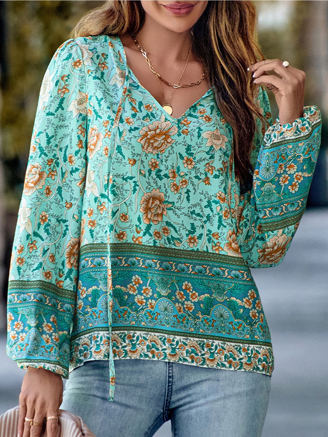 

StyleCast Green & Brown Floral Printed Flared Sleeve Top