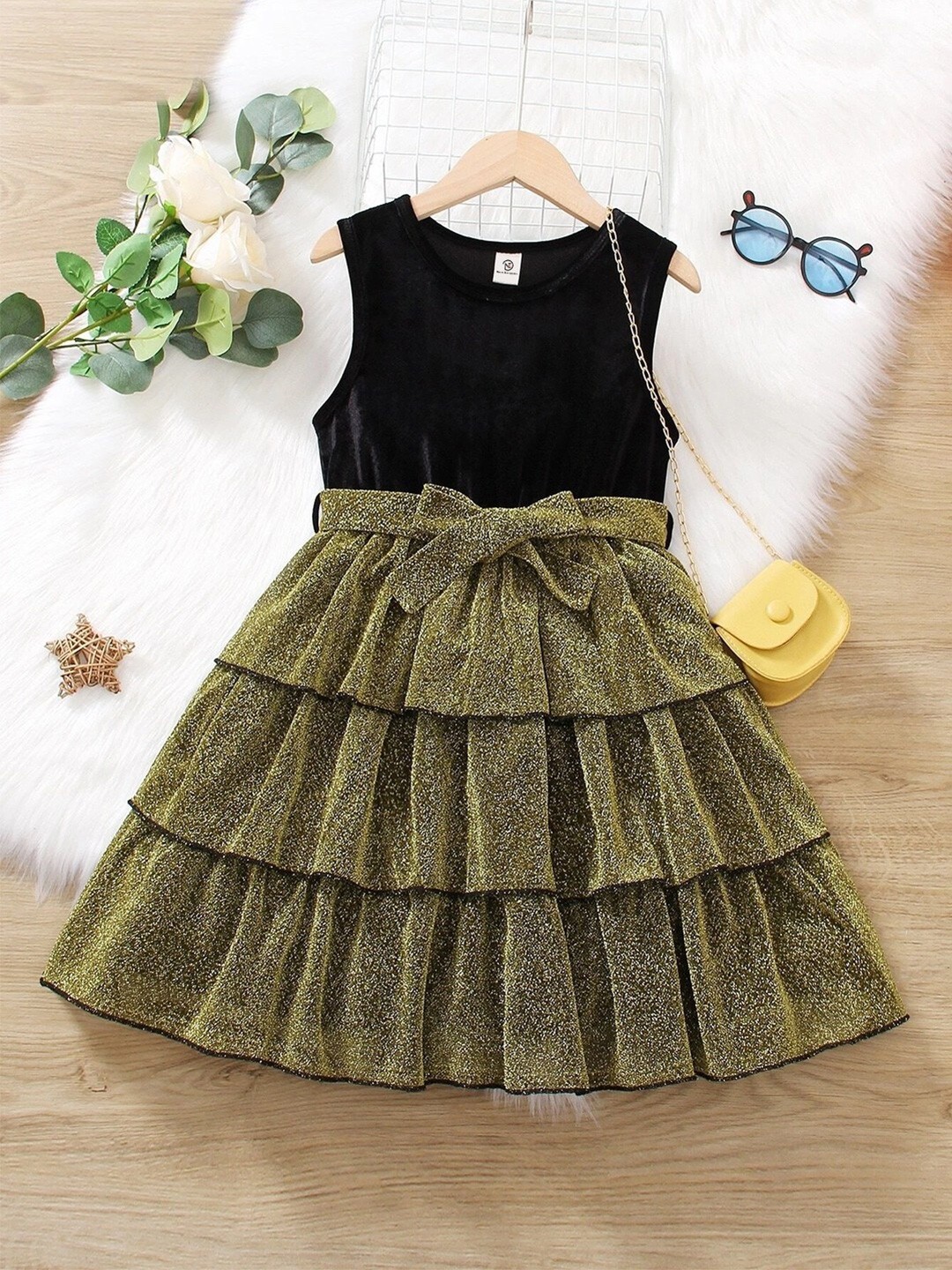 

BAESD Girls Printed Round Neck Layered Velvet Fit & Flare Dress, Black