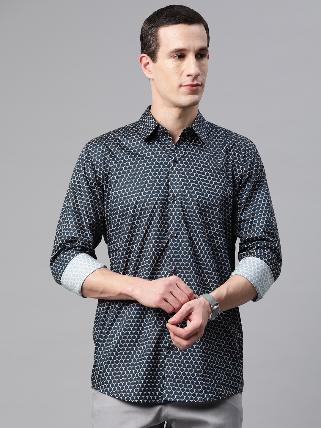 

Monsui Men Classic Geometric Printed Casual Shirt, Navy blue