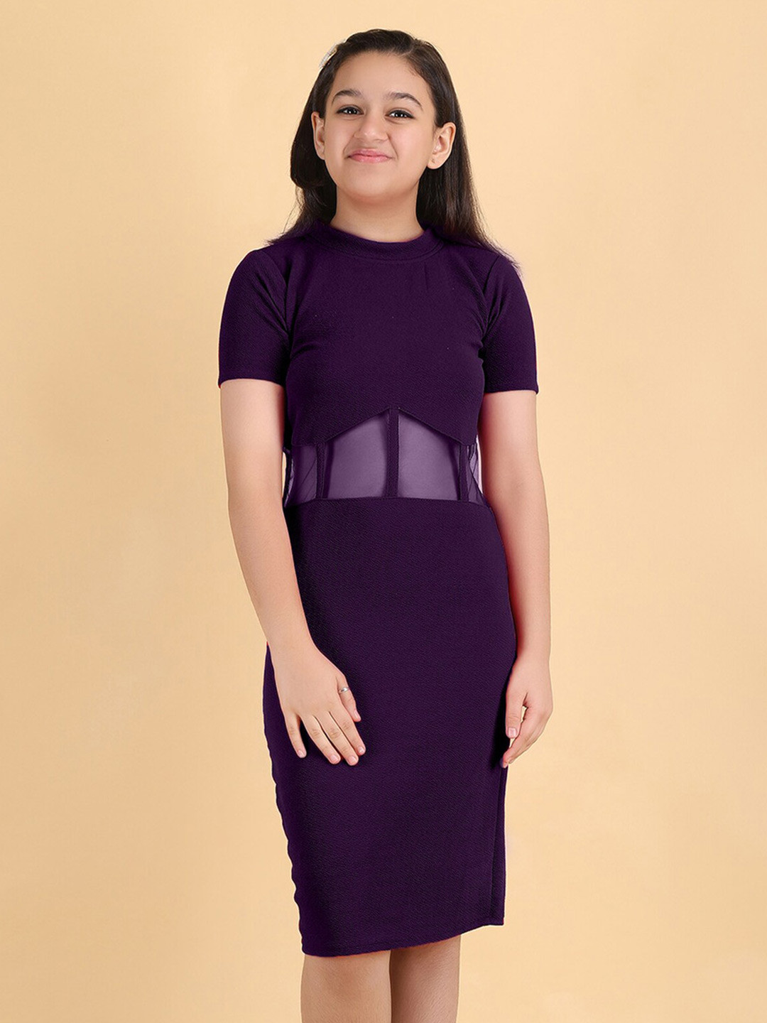 

DEKLOOK Girls High Neck Short Sleeves Bodycon Knee Length T-shirt Dress, Purple