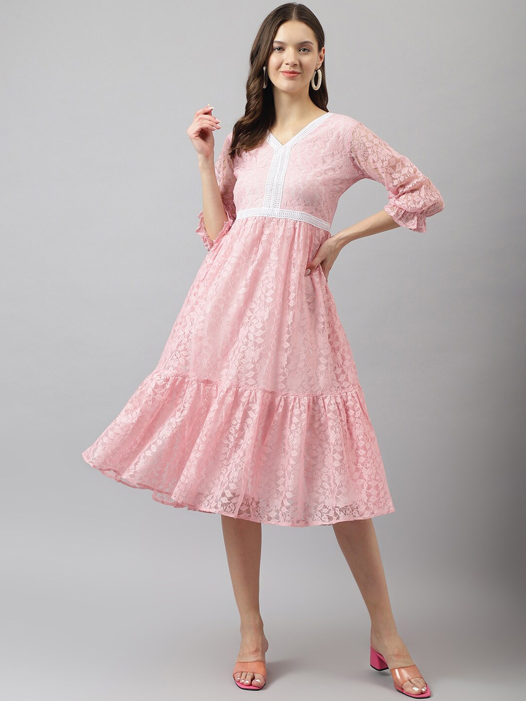 

KERI PERRY Floral Net V Neck Fit & Flare Mini Dress, Pink