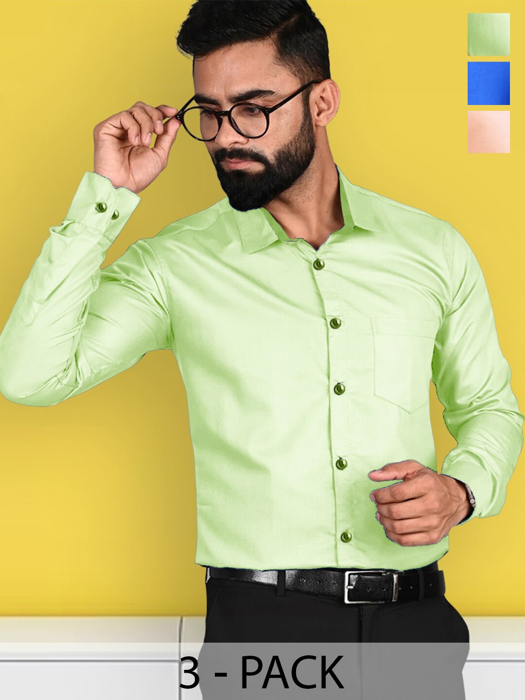 

Ethnic basket Pack of 3 Spread Collar Standard Cotton Opaque Formal Shirt, Green