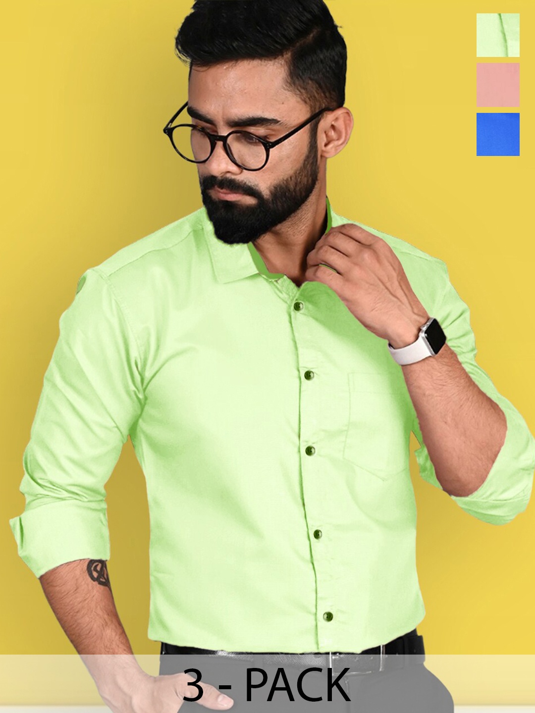 

Ethnic basket Pack of 3 Spread Collar Standard Cotton Opaque Formal Shirt, Green