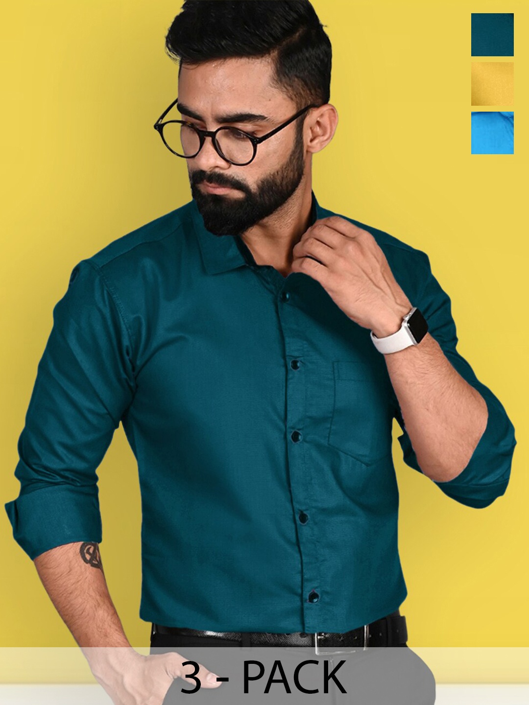 

Ethnic basket Pack of 3 Spread Collar Standard Cotton Opaque Formal Shirt, Green