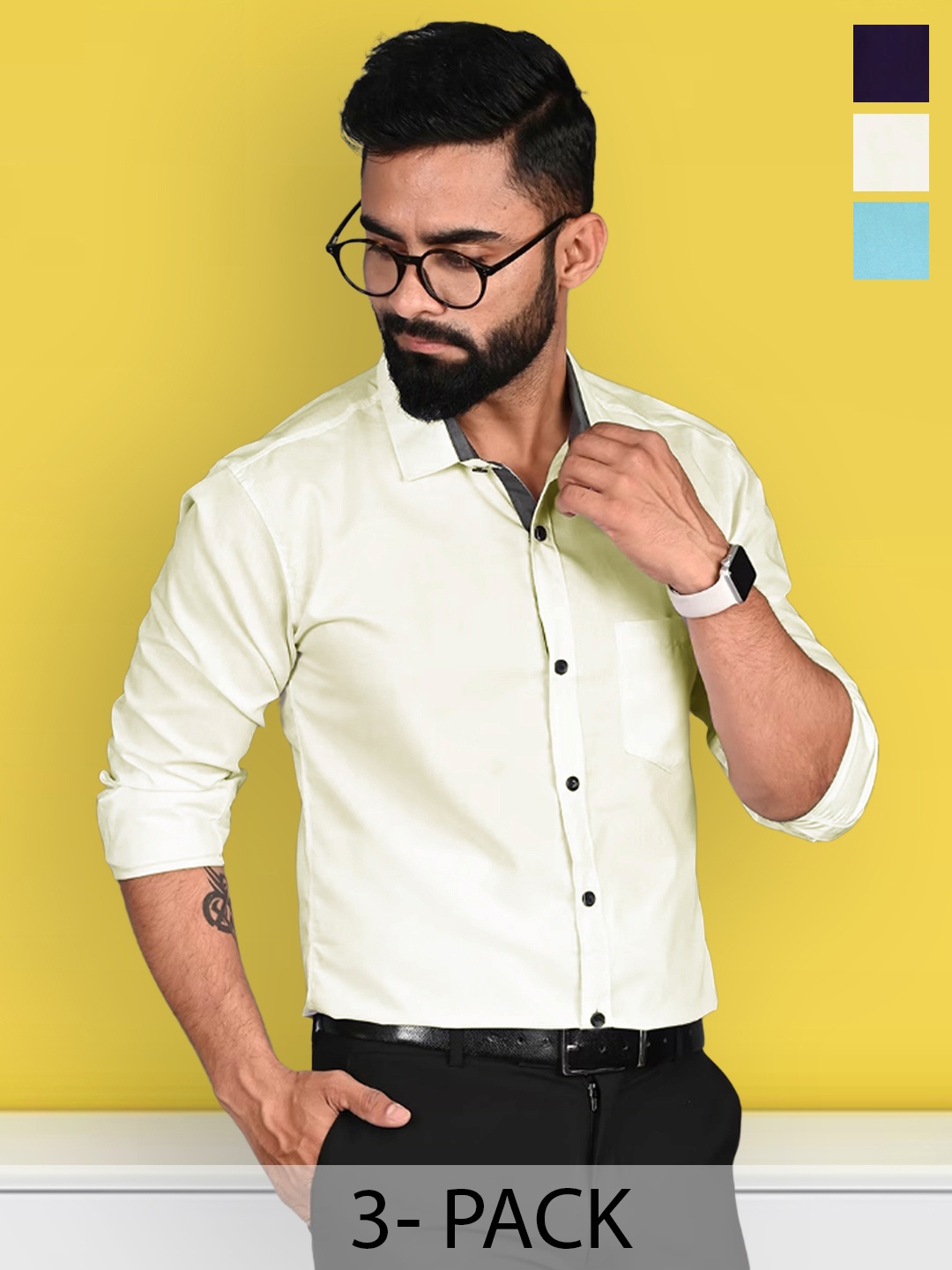 

Ethnic basket Pack Of 3 Cotton Spread Collar Curved Formal Shirts, Multi