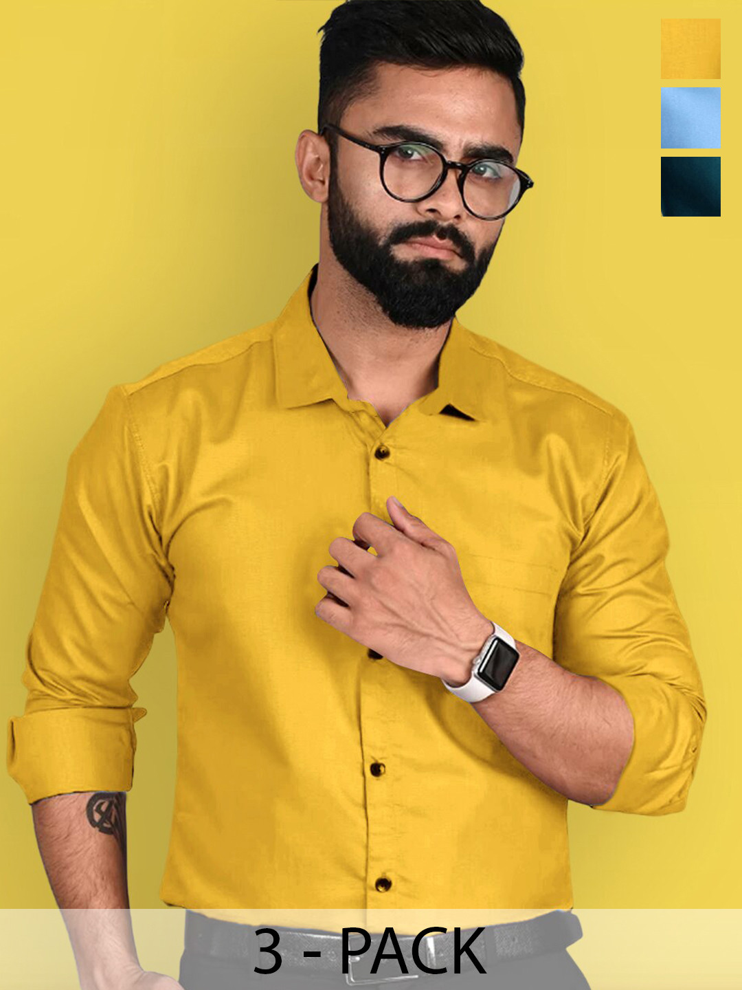 

Ethnic basket Pack of 3 Spread Collar Standard Cotton Opaque Formal Shirt, Mustard