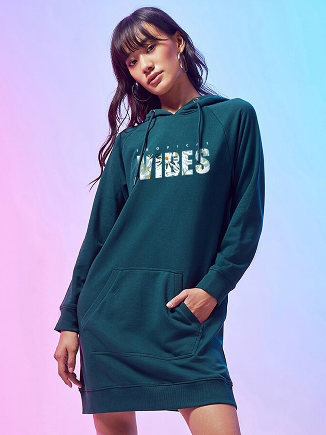 

Bewakoof Graphic Print Applique Hooded Above Knee Cotton T-shirt Dress, Green