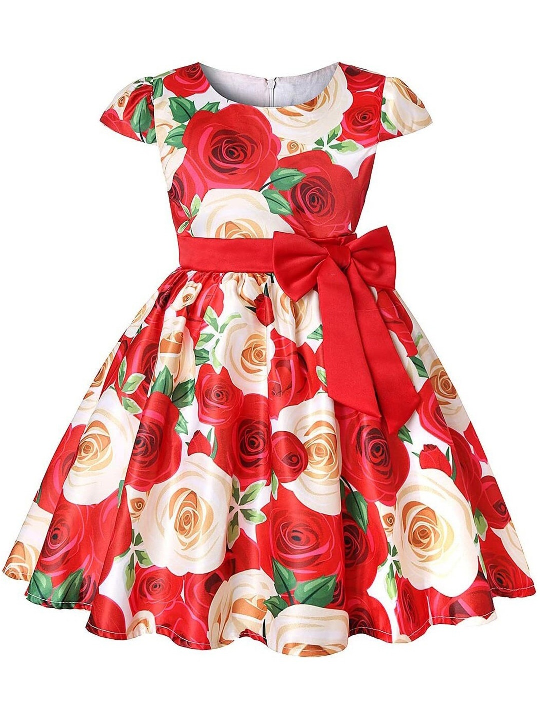 

BAESD Girls Floral Printed Round Neck Satin Fit & Flare Dress, Red