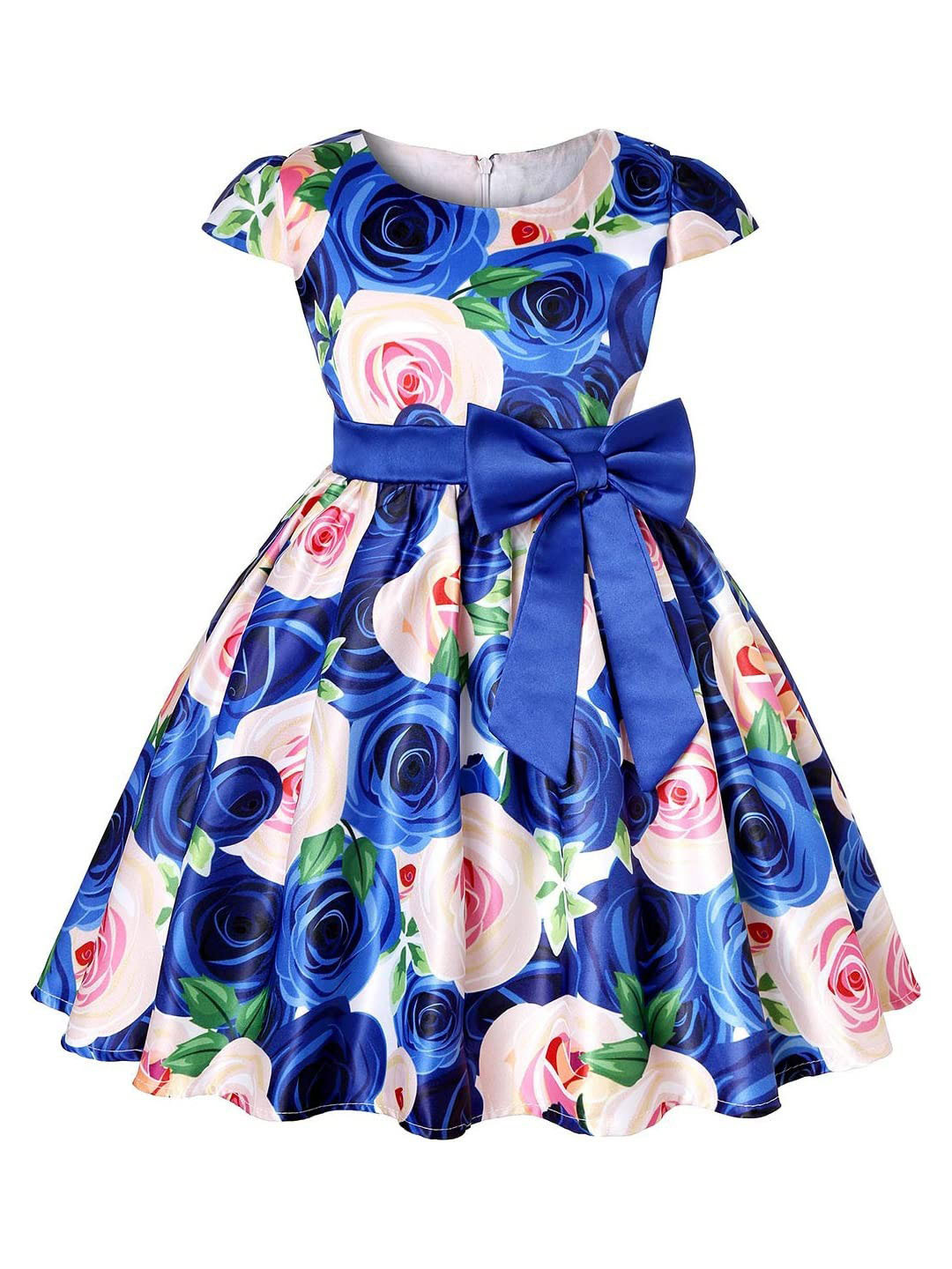 

BAESD Girl Floral Printed Round Neck Short Sleeves Satin Fit & Flare Dress, Blue