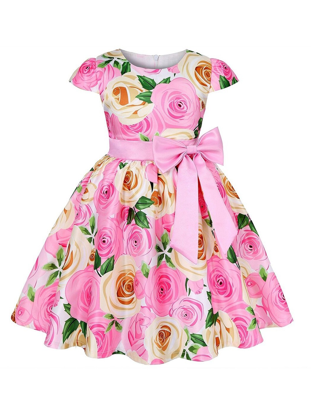 

BAESD Girl Floral Printed Round Neck Short Sleeves Satin Fit & Flare Dress, Pink