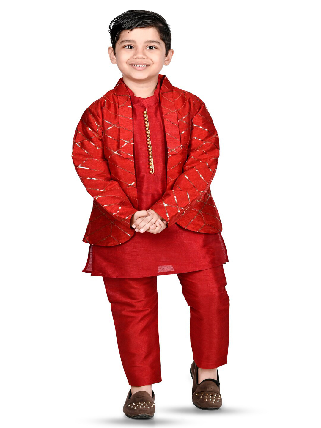 

BAESD Boys Mandarin Collar Regular Straight Kurta with Trousers & Jacket, Red