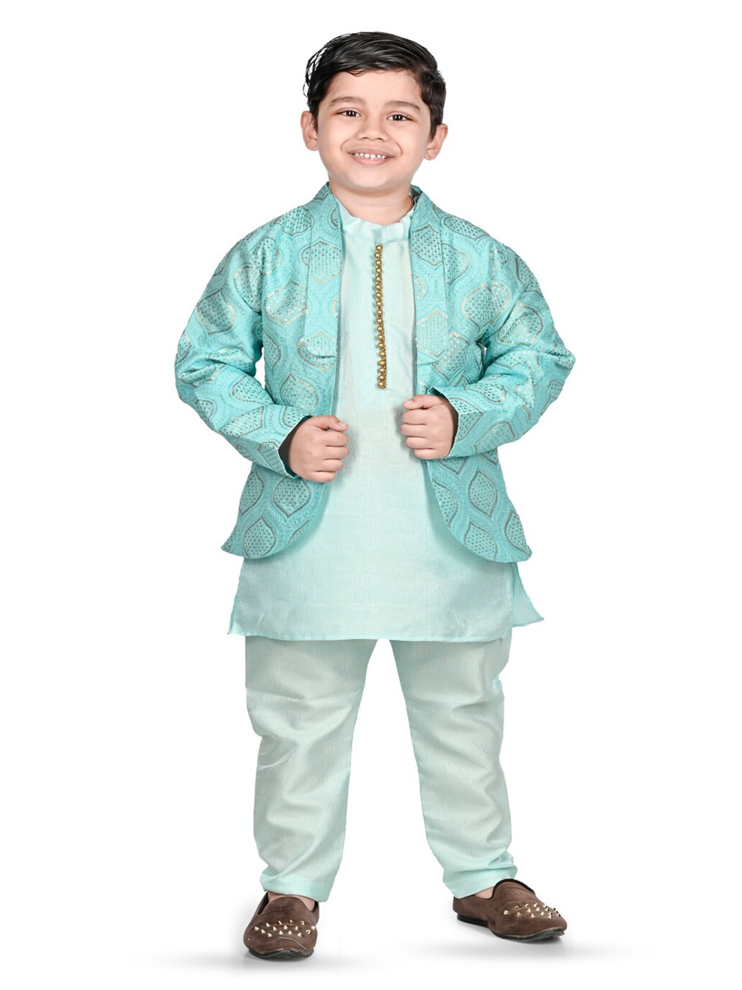 

BAESD Boys Mandarin Collar Regular Straight Kurta with Trousers & Jacket, Turquoise blue