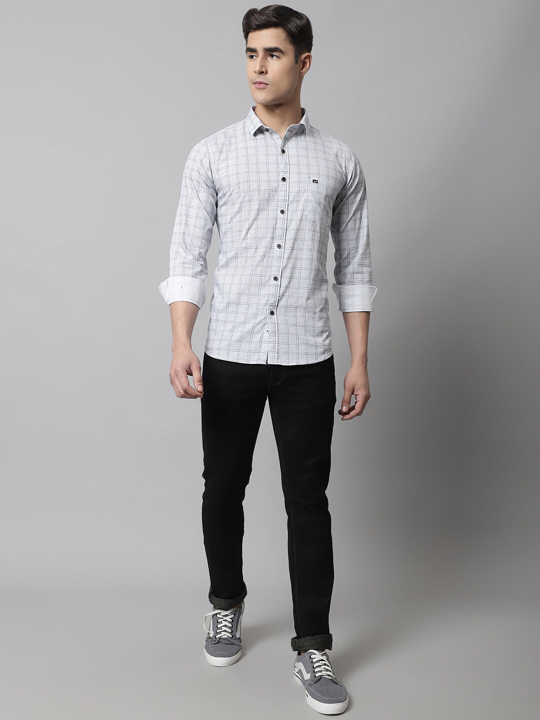 

Majestic Man Spread Collar Slim Fit Grid Tattersall Checks Opaque Checked Casual Shirt, Grey