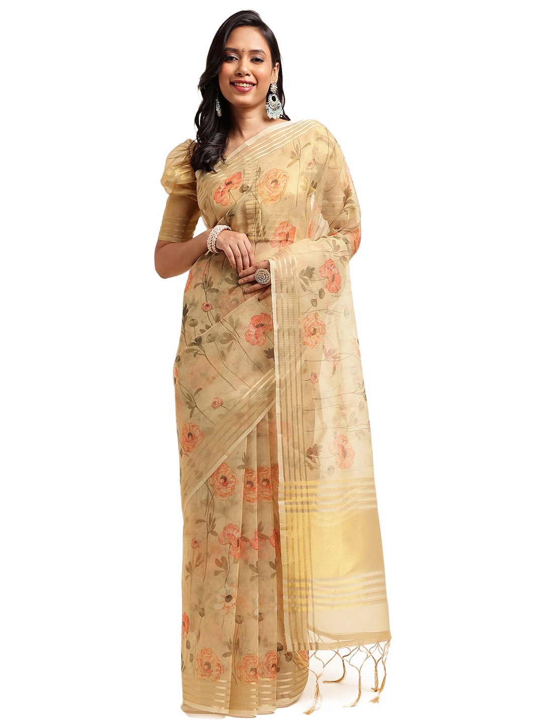 

DOI MOI Floral Printed Saree With Tassels, Yellow