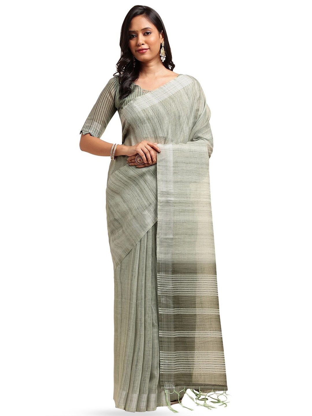 

DOI MOI Striped Zari Designer Banarasi Saree, Green