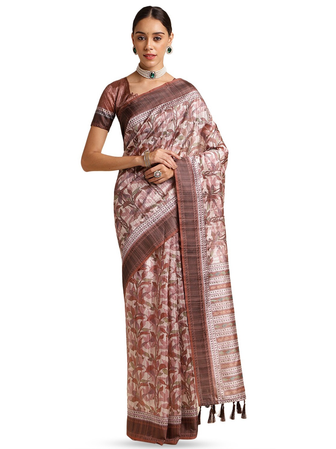 

DOI MOI Floral Printed Banarasi Saree, Brown