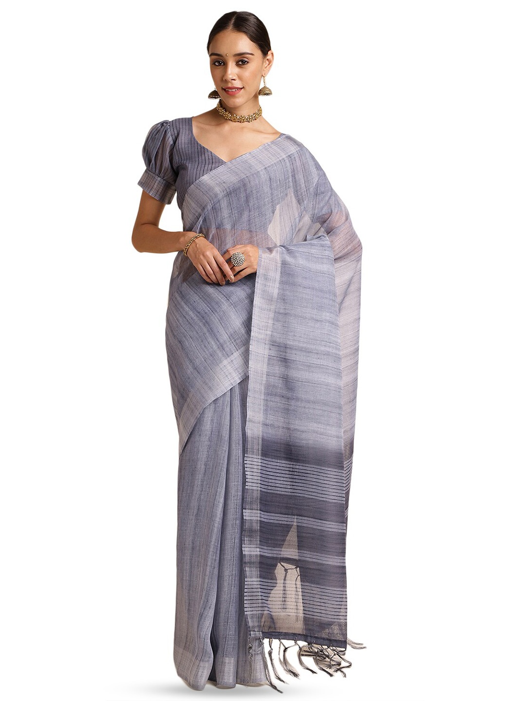 

DOI MOI Striped Printed Banarasi Saree, Grey