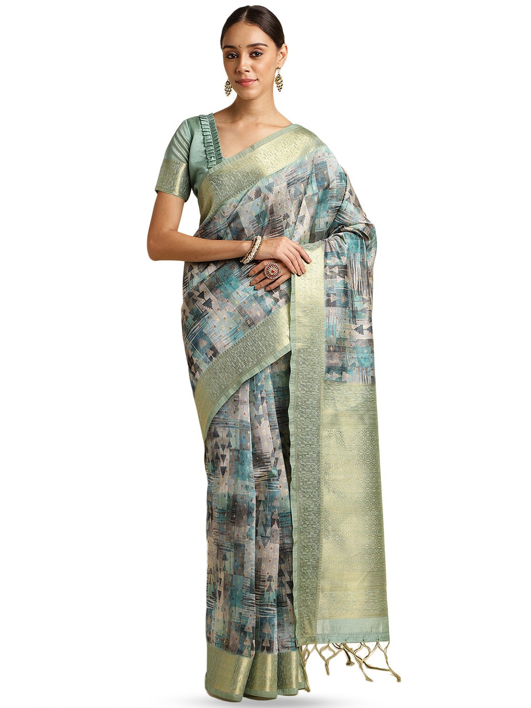 

DOI MOI Abstract Printed Zari Saree, Blue