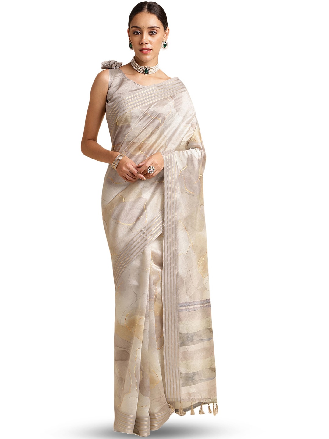 

DOI MOI Abstract Printed Zari Saree, Grey
