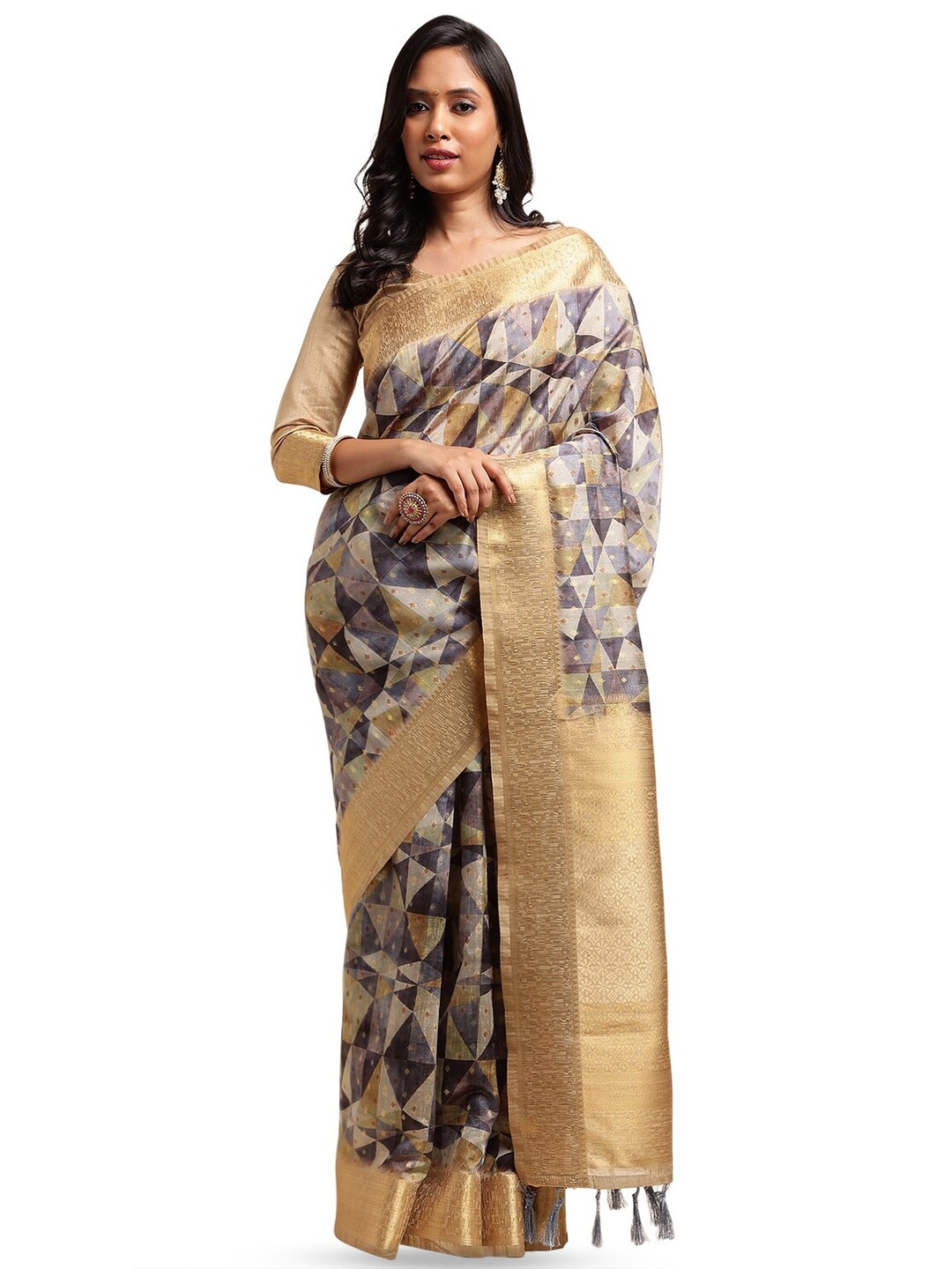 

DOI MOI Geometric Printed Woven Design Zari Saree, Green