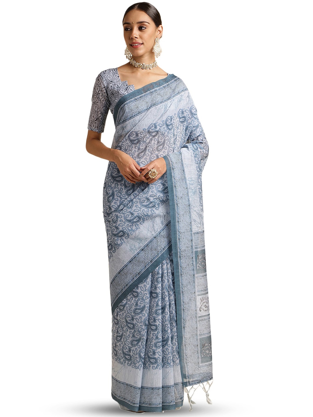 

DOI MOI Floral Printed Banarasi Saree, Blue