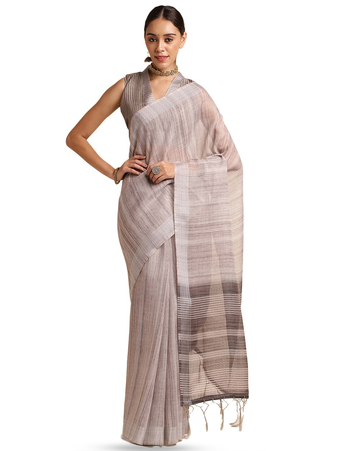 

DOI MOI Striped Printed Zari Banarasi Saree, Mauve