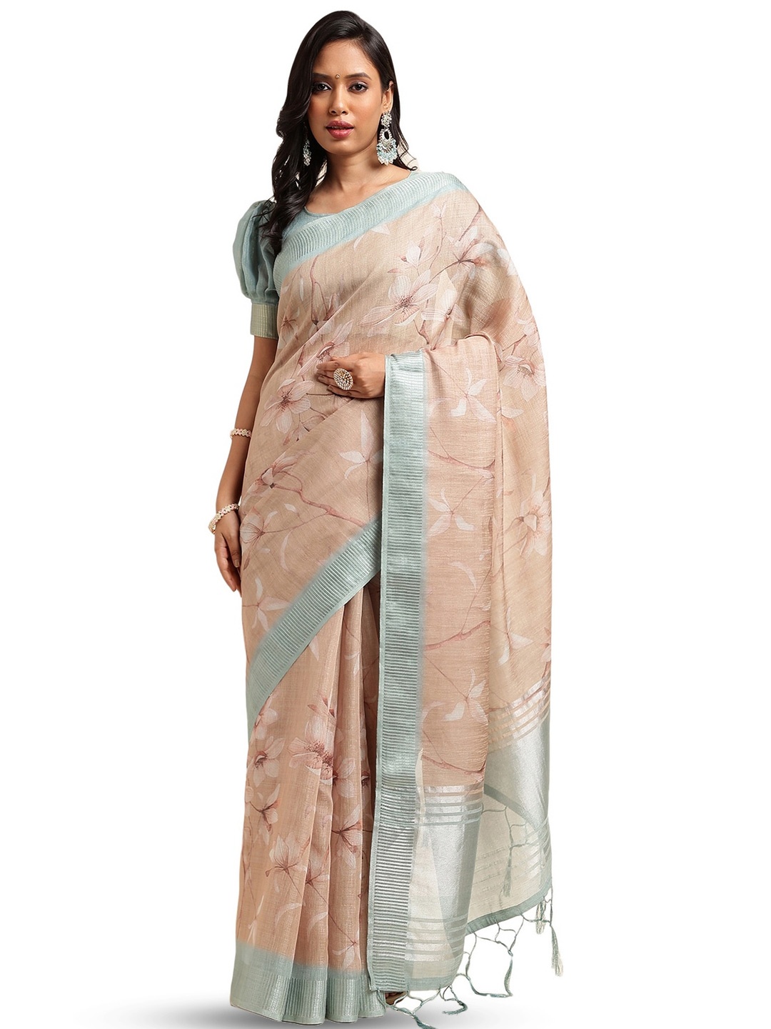 

DOI MOI Floral Printed Organza Saree, Brown
