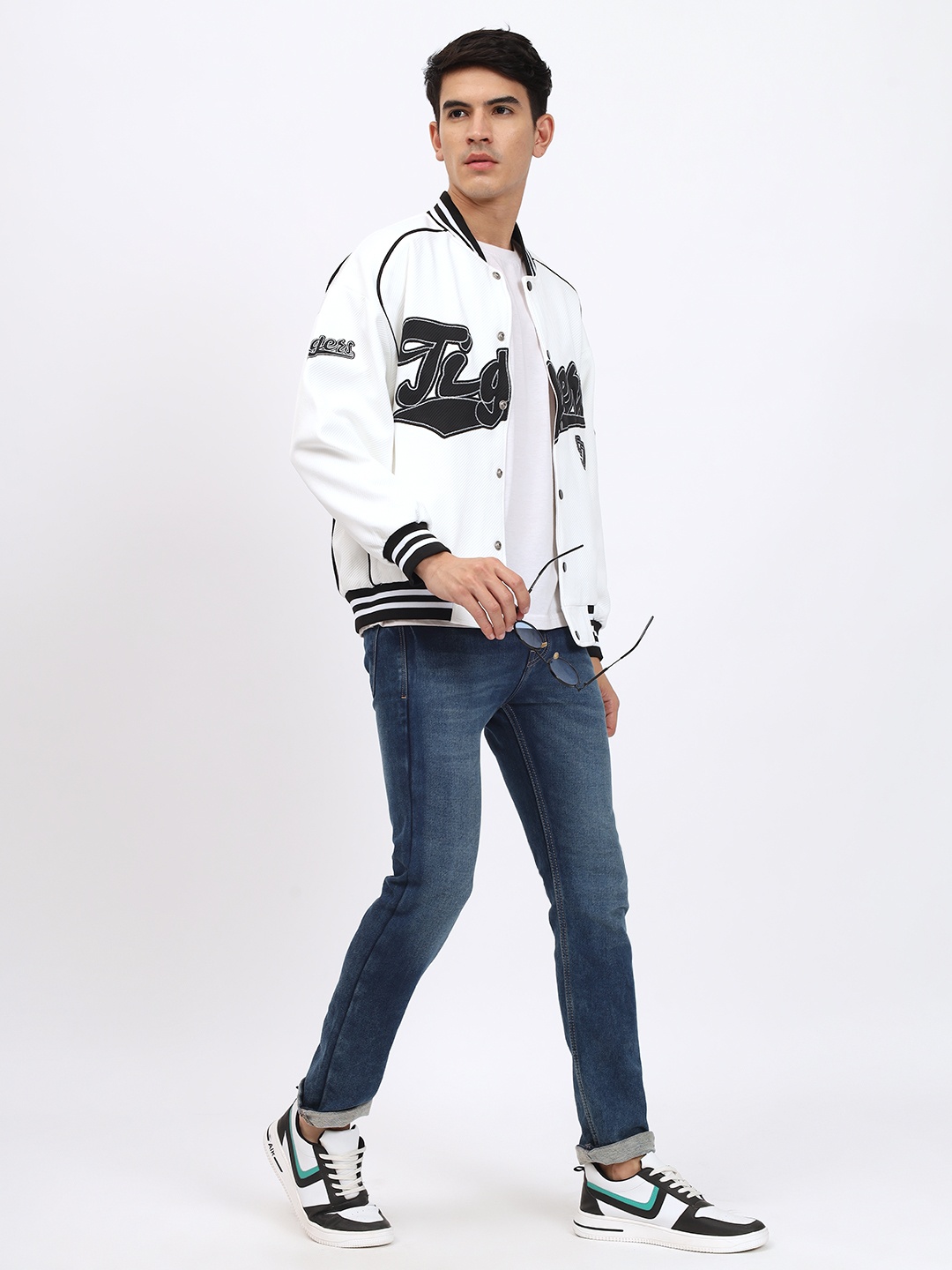 

GRIFFIN Typography Embroidered Mock Collar Anti Odour Lightweight Varsity Jacket, White