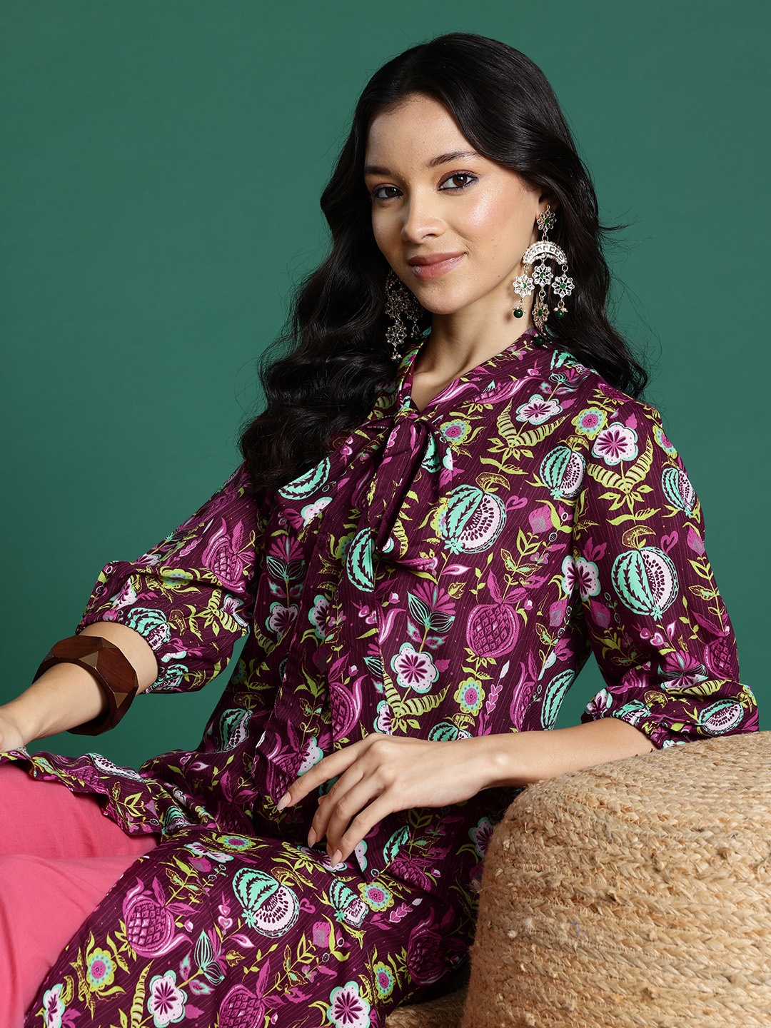 

Sangria Floral Printed Puff Sleeves A-line Kurta, Burgundy