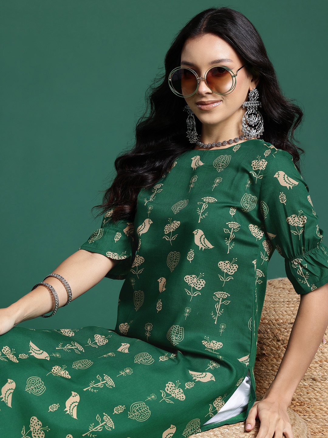 

Sangria Quirky Printed Puff Sleeve Kurta, Green