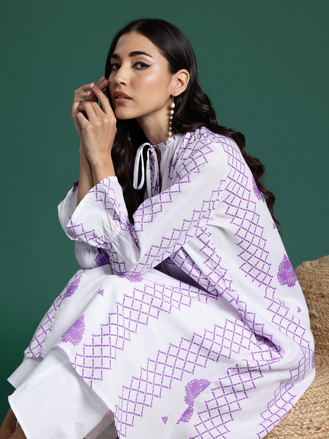 

Sangria Geometric Printed Bell Sleeves Fusion Kurta, White